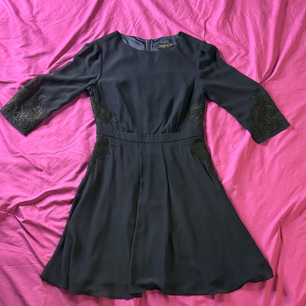 Ted Baker Midnight Blue Chiffon A-line Embroidered Dress Size 2